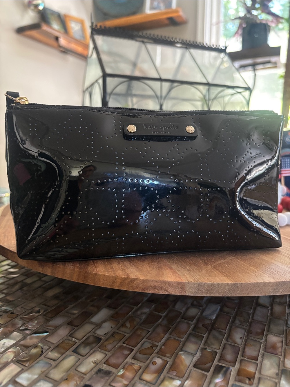 kate spade Black Glossy Patent Cosmetic Pouch with Stud Detail